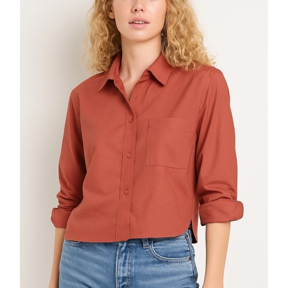 Old Navy Womens The Cropped Shirt Long Sleeve Cotton Button Down Mauveros L NWT